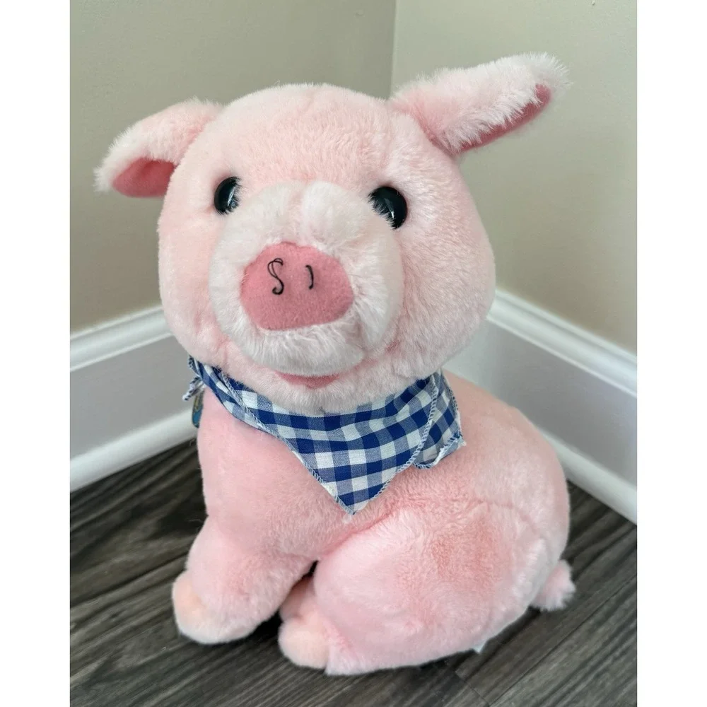 Vintage‎ 1986 Dakin Plush Pink Pig Sitting Stuffed Animal Blue Checkered Bandana